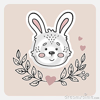 Rabbit. Cute funny hand drawn animal with hearts, leaves and branches. Vector Illustration